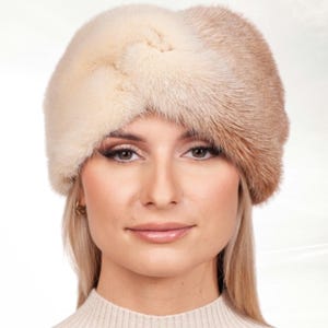 Beige Twisted Mink Fur Headband,Two-Tone Knotted Hairband For Winter,Real Fur And Cashmere Ear Warmer,Warm Fur Head Wrap For Women