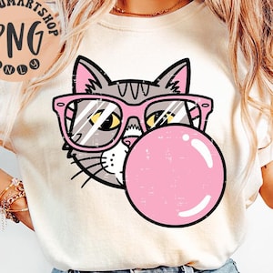Cute Cat Png, Funny Cat Lovers Png, Cat Blowing Bubble Preppy Pink Sublimation, Preppy Bubblegum Cat Png, Cat Wearing Pink Glasses Png