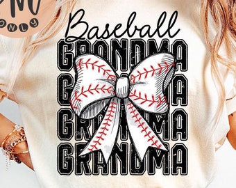 May include: A white t-shirt with a black and red baseball-themed design. The design features a large bow made of baseballs and the text "Baseball Grandma" in a distressed font.
