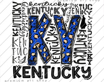 May include: A graphic design featuring the letters KV in a blue and tan leopard print pattern, surrounded by the word Kentucky in various black fonts and styles, including a small silhouette of the state of Kentucky and the text premium art shop.