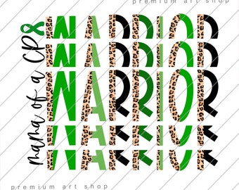 May include: Green and brown graphic design with the text "mama of a CP warrior" and a green ribbon. The text is in a bold, blocky font.