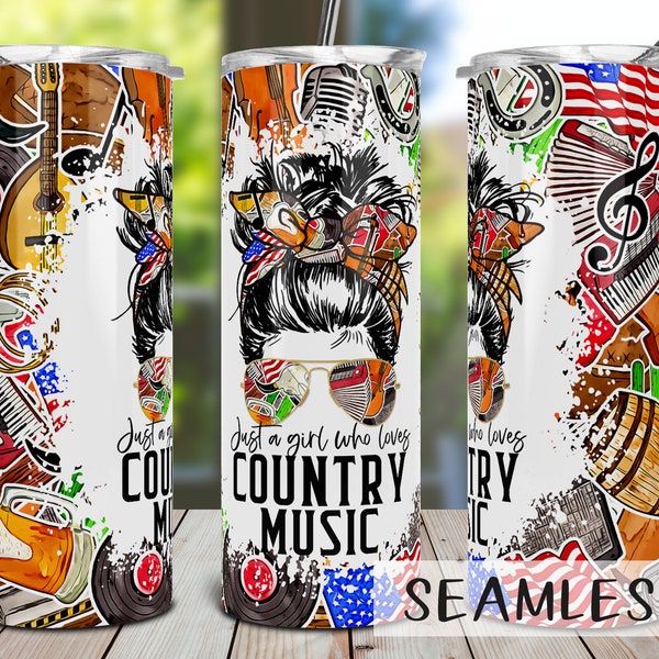 Country Music Life Tumbler PNG, Just a girl who loves country music Tumbler Sublimation Design Download, Seamless 20oz Skinny Tumbler PNG