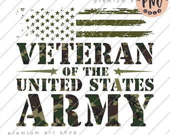 May include: A digital design featuring a distressed American flag with a camouflage pattern. The text "Veteran of the United States Army" is written in a bold font with a camouflage pattern.