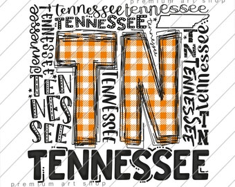 May include: A graphic design featuring the word "Tennessee" written in black text with a checkered orange and white background. The word "Tennessee" is repeated multiple times in smaller font sizes around the main word.