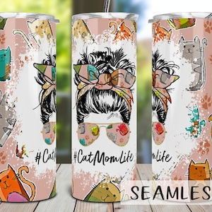 Cat Mom Life Tumbler Sublimation Design Download, Mom Life Tumbler PNG, Seamless 20oz Skinny Tumbler Design PNG, Fur Mom Tumbler PNG