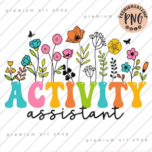 Puede incluir: Diseño gráfico colorido con el texto "ACTIVITY assistant" en un arcoíris de colores. El texto está rodeado por una fila de dibujos de línea negra de flores y mariposas.
