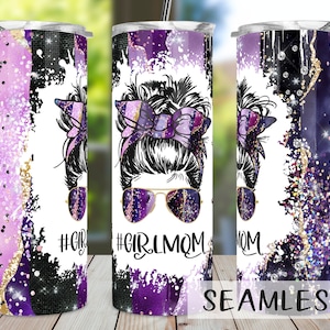 Girl Mama Purple Glitter Tumbler PNG, Girl Mama Tumbler Sublimation Design Download, Seamless 20oz Skinny Tumbler Design PNG, Mothers Day
