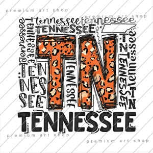 Puede incluir: Un diseño gráfico que presenta el estado de Tennessee con las letras "TN" en un patrón de estampado de leopardo. La palabra "Tennessee" se repite varias veces alrededor del contorno del estado. Las palabras "premium art shop" aparecen en la parte superior e inferior del diseño.