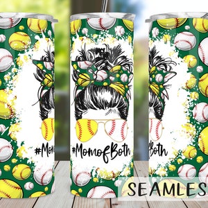 Softball and Baseball Mom Green Tumbler PNG, Mom of Both Green Tumbler Sublimation Design Download, Seamless 20oz Skinny Tumbler PNG