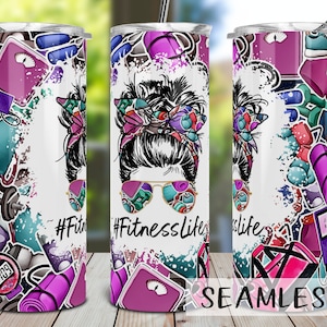 Fitness Life Tumbler PNG, Gym Life Tumbler Sublimation Design Download, Seamless 20oz Skinny Tumbler Design PNG, Workout, Yoga Mom
