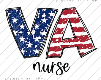 Könnte beinhalten: Ein Grafikdesign mit den Buchstaben "VA" im Stil einer abgenutzten amerikanischen Flagge mit dem Wort "Krankenschwester" darunter.