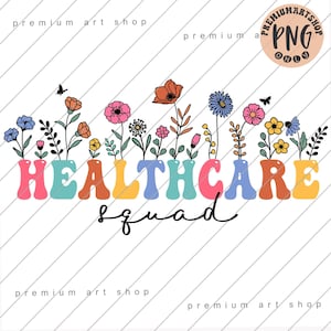 Puede incluir: Un gráfico colorido con el texto "HEALTHCARE squad" en una fuente retro, adornado con flores en jarrones. El diseño incluye mariposas y está sobre un fondo blanco con rayas diagonales.