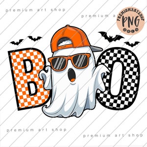 May include: A Halloween graphic of a ghost wearing sunglasses and an orange cap, with the word "BOO" in checkered letters. Black bats fly around the ghost. The image is a PNG file, suitable for digital use.