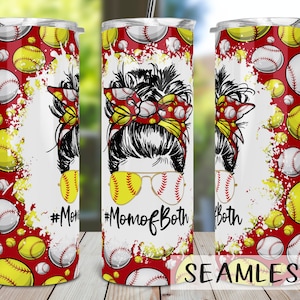 Softball and Baseball Mom Tumbler PNG, Mom of Both Tumbler Sublimation Design Download, Seamless 20oz Skinny Tumbler PNG, Cheer Mom Tumbler