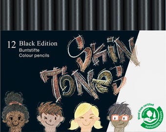 May include: A package of 12 Faber-Castell Black Edition color pencils, designed for skin tones. The pencils are black with colored tips, showcasing a range of shades. The packaging features the Faber-Castell logo and illustrations of diverse faces, with the text "Skin Tones".