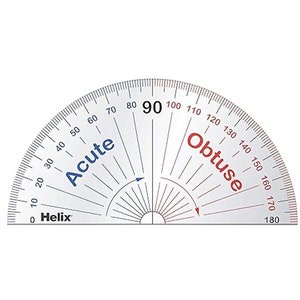 Peut inclure: Un rapporteur en plastique transparent avec un fond blanc et des marques noires. Le rapporteur est étiqueté "Aigu" et "Obtus" en texte bleu et rouge, respectivement. Le rapporteur mesure les angles de 0 à 180 degrés.
