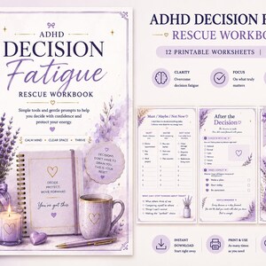 K&ouml;nnte beinhalten: Ein digitales ADHD Decision Fatigue Rescue Workbook mit 12 druckbaren A4-PDF-Arbeitsbl&auml;ttern. Das Cover zeigt lavendelfarbene Blumenakzente, ein Notizbuch, eine Kerze und eine Tasse mit dem Text ADHD Decision Fatigue Rescue Workbook.