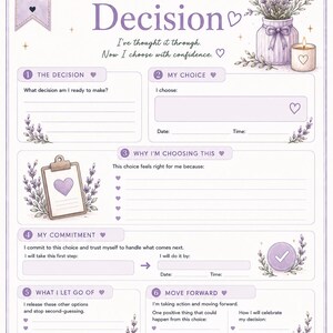 K&ouml;nnte beinhalten: Eine hellviolette Arbeitsblattseite zur Bew&auml;ltigung von Entscheidungsm&uuml;digkeit bei ADHS mit Lavendelillustrationen, einer Kerze und einem Klemmbrett. Der Text enth&auml;lt 'Make the Decision', 'I've thought it through' und sechs nummerierte Abschnitte.