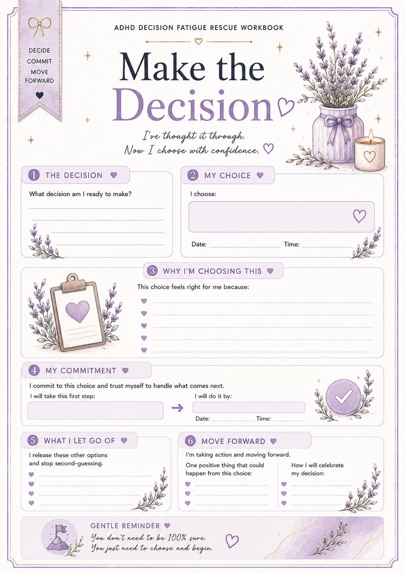 K&ouml;nnte beinhalten: Eine hellviolette Arbeitsblattseite zur Bew&auml;ltigung von Entscheidungsm&uuml;digkeit bei ADHS mit Lavendelillustrationen, einer Kerze und einem Klemmbrett. Der Text enth&auml;lt 'Make the Decision', 'I've thought it through' und sechs nummerierte Abschnitte.