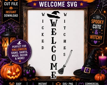 Willkommensschild „Böse Hexen“ (SVG-Datei für Cricut) | Lustiges Willkommensschild | Halloween-Deko im Landhausstil | Verandaschild (SVG) | Sofort-Download