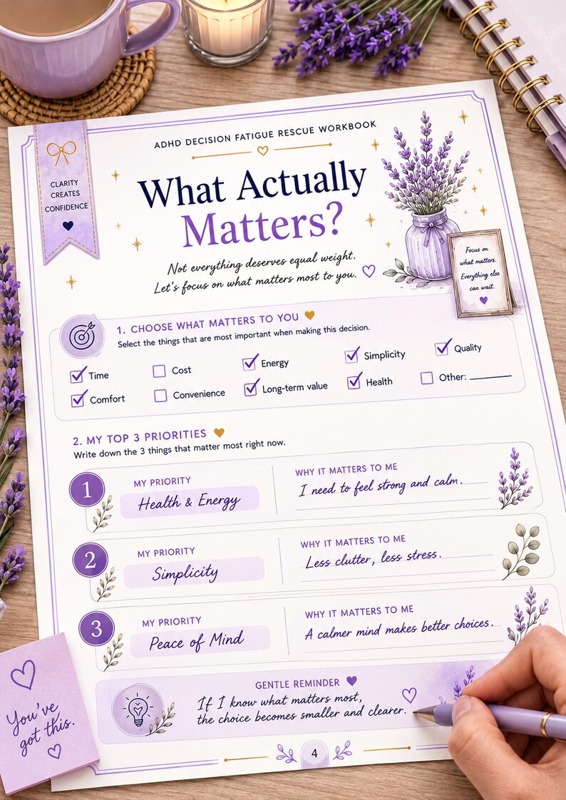 K&ouml;nnte beinhalten: Eine Arbeitsbuchseite mit dem Titel ADHD Decision Fatigue Rescue Workbook: What Actually Matters? Die Seite enth&auml;lt florale Lavendel-Illustrationen, Kontrollk&auml;stchen f&uuml;r Priorit&auml;ten wie Zeit und Energie sowie Abschnitte zum Auflisten von Priorit&auml;ten mit handschriftlichem Text.