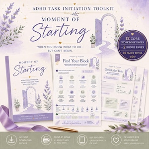 May include: An ADHD Task Initiation Toolkit workbook titled Moment of Starting, featuring 14 pages total with 12 core and 2 bonus pages. The cover and interior sheets display purple lavender illustrations, an open door graphic, and instructional text.