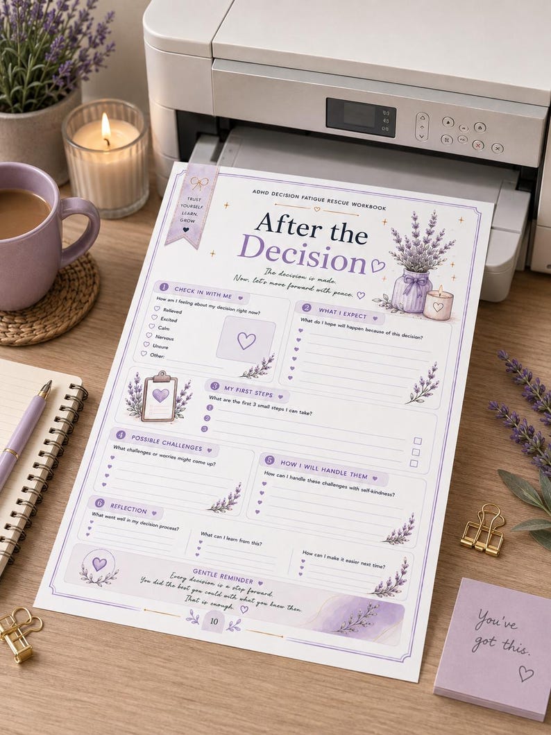 K&ouml;nnte beinhalten: Eine gedruckte Arbeitsblattseite f&uuml;r das ADHD Decision Fatigue Rescue Workbook mit dem Titel After the Decision, verziert mit Lavendelillustrationen, einer Checkliste und Reflexionsfragen. Das Dokument enth&auml;lt Abschnitte f&uuml;r Check-ins, Erwartungen und Schritte.