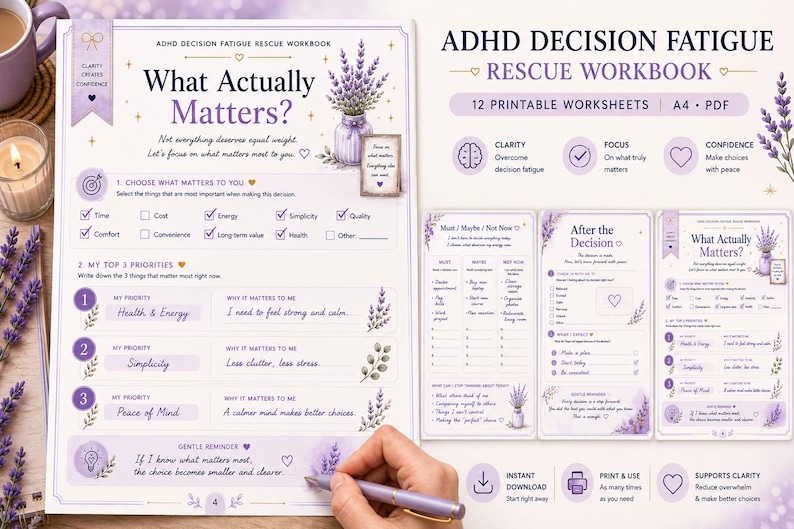 K&ouml;nnte beinhalten: Ein ADHD Decision Fatigue Rescue Arbeitsbuch mit 12 druckbaren A4 PDF-Arbeitsbl&auml;ttern. Die Seiten sind mit Lavendelillustrationen verziert und enthalten Abschnitte zur Priorisierung von Aufgaben, Entscheidungsfindung und sanfte Erinnerungen.