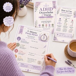 Könnte beinhalten: Ein Set aus druckbaren ADHD-Fokus-Mini-Planer-Seiten mit lavendelfarbenen und weißen Blumenakzenten. Die Seiten enthalten Text wie ADHD Overwhelm & Focus, 5-Minute Focus Reset und How to Use This Mini Planner sowie Abschnitte zum Klären von Ablenkungen und Setzen von Zielen.