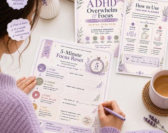 ADHD Overwhelm Planner, Focus & Reset Worksheets, Brain Dump Printable, Task Breakdown PDF, A4 Mini Planner, 10 Page Digital Download