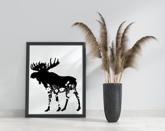 Wildflower Moose Silhouette SVG, Floral Moose SVG, Butterfly svg, Moose Clipart svg, Rustic Fall Decor Cut File, Farmhouse Cricut Designs,