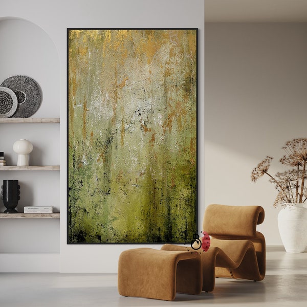 Large Forest Abstract Minimalist Handmade Painting on Canvas, Rustic Wall art. Stretched and Unstretched Canvas, Frames Options Available.