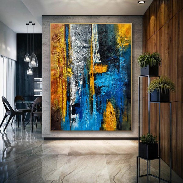 Large blue and yellow bright Acrylic Color Abstract, Handmade Painting on Canvas, Huge Size Wall Art with Heavy Textured