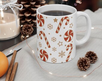 Candy Cane Christmas 11 oz Ceramic Mug; Christmas Holiday Gift; Hot Coffee Mug; Cozy Holiday Mug; White Holiday Gift; 14oz Ceramic Christmas