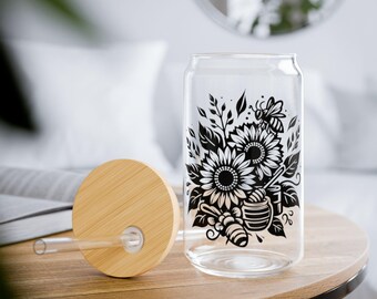 Sunflower Bee Sipper Glass, 16oz