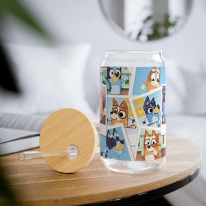 Cute Blue Dog Orange Pup Cartoon Collage Glass Soda Can; 16oz Tumbler w/ Bamboo Lid and Straw, Fun Gift and Playful Drinkware, Bluey Theme