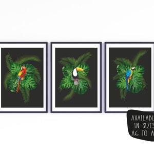 Set di 3 stampe di uccelli tropicali, arte della giungla luminosa, stampe botaniche di arte degli uccelli, palma da pappagallo, arte della parete del Toucan, arredamento massimalista, regalo vegetale