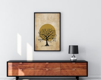 Tree Silhouette Sun Print, Japandi decor, Boho Sun Print, Scandi Wall Art, UK, Tree wall art, Yellow, Black,  Living Room, Bedroom Poster