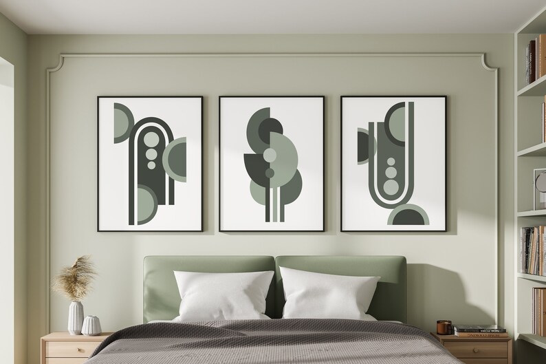 Mid Century Modern Green Wall Art, Art Deco Style, Set of Three Prints ...