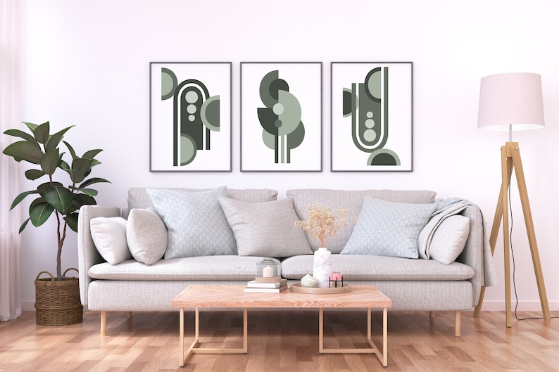 Mid Century Modern Green Wall Art, Art Deco Style, Set of Three Prints ...