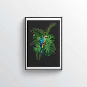 Blauer Papagei Tropischer Vogel Druck, helle Dschungel Kunst, Botanische Vogel Kunstdruck, Papageienpalme, Tukan Wandkunst, Maximalist Dekor, Pflanzengeschenk