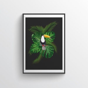 Toucan Tropical Bird Print, Bright Jungle Art, Botanical Bird Art Print, Jungle Bird Palm Art, Toucan Wall Art, Maximalist decor, Plant Gift