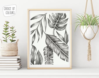 Tropische blad botanische print, monstera blad kunst aan de muur, palmplant poster print, zwart wit, cadeau voor plantenliefhebber, pastel kunst wordt afgedrukt