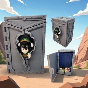 May include: Gray, box-shaped storage containers with a cartoon character peeking through openings. One container is open, revealing a blue interior and small items. The background features a desert landscape with mountains and a blue sky.
