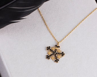 925 Sterling Silver Star Snowflake Necklace, Black Zircon Stone, Minimalistic New Year Gift, Bridesmaid Necklace, Winter Jewelry