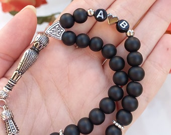 Black Onyx Tasbih with Name Tesbih, Personalized with Initials and Heart Tasbih Islamic Gift, Muslim Prayer Beads, Masbaha, Subha, Love Gift