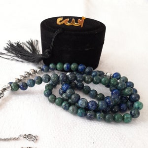 Custom Name Azurite Islamic Prayer Beads: Muslim Gift with Velvet Box