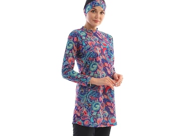 Traje de baño modesto de licra floral: conjunto burkini de cobertura completa