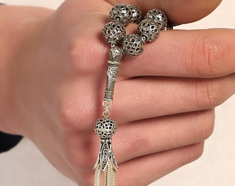 Sterling Silver Islamic Prayer Beads: Globe Cut 33 Bead Tasbih