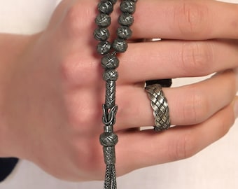 999 Sterling Silver Black Kazaz Tesbih: 33-Bead Islamic Prayer Beads, Turkish Tasbih